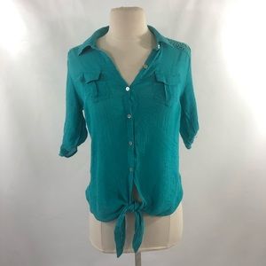 Teal button down with tie, and lace back